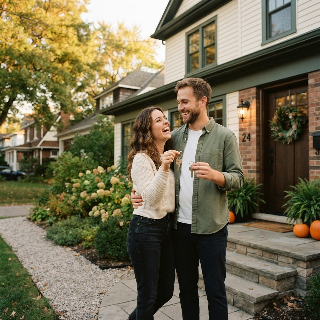 A happy couple holding the keys to their new home