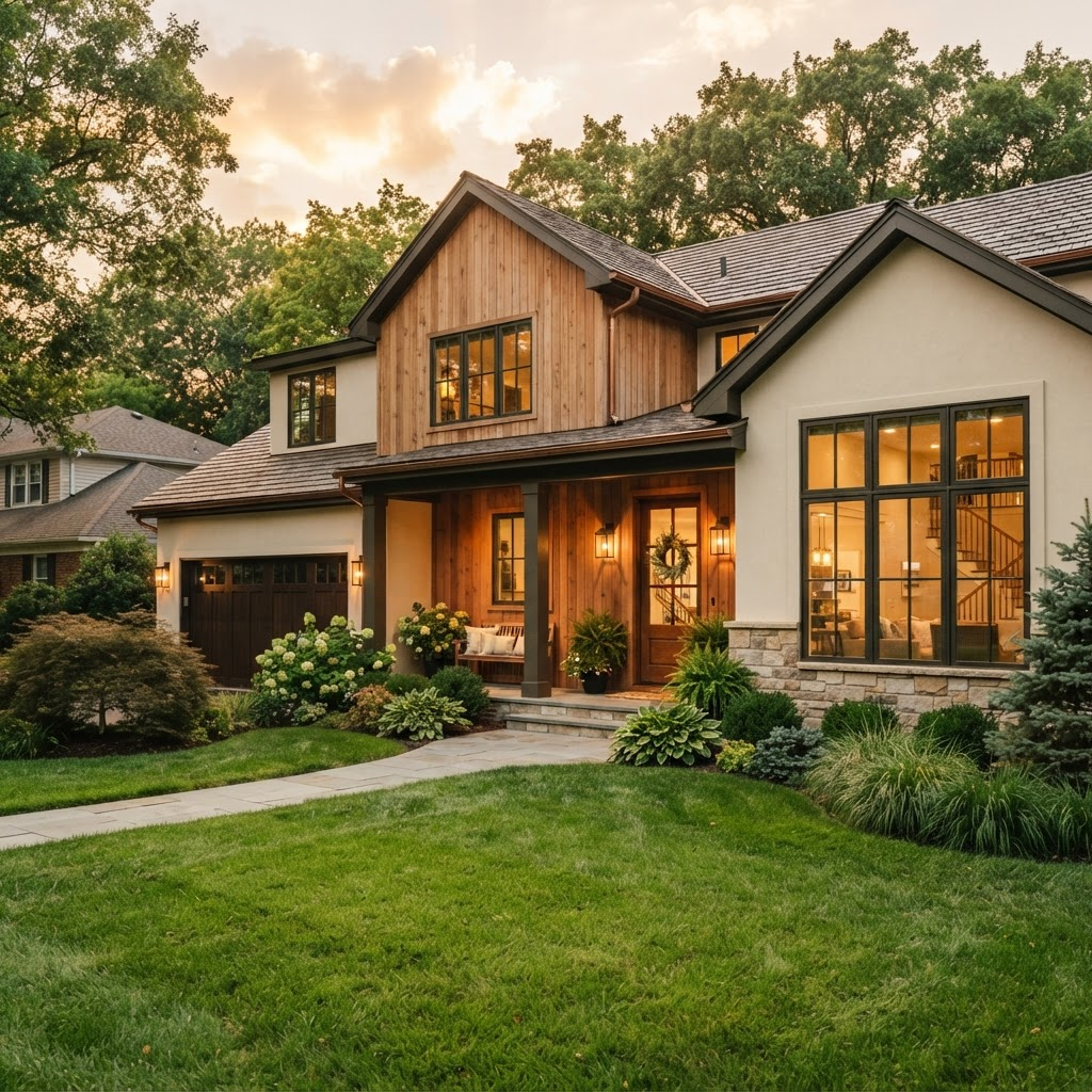 A welcoming modern home at golden hour